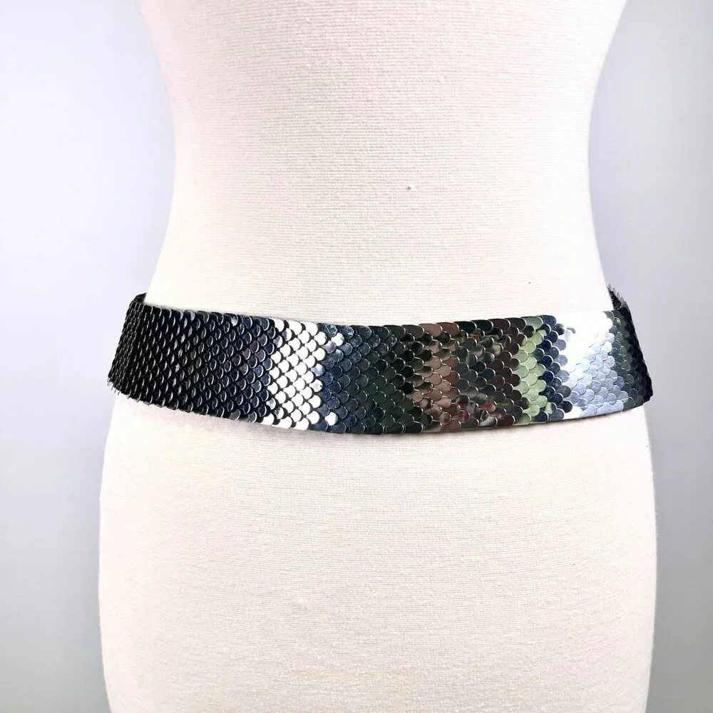Vtg 70s Silver Metal Fish Scale Belt Stretch Western Boho Hippie Disco 28-38” - Picture 7 of 8